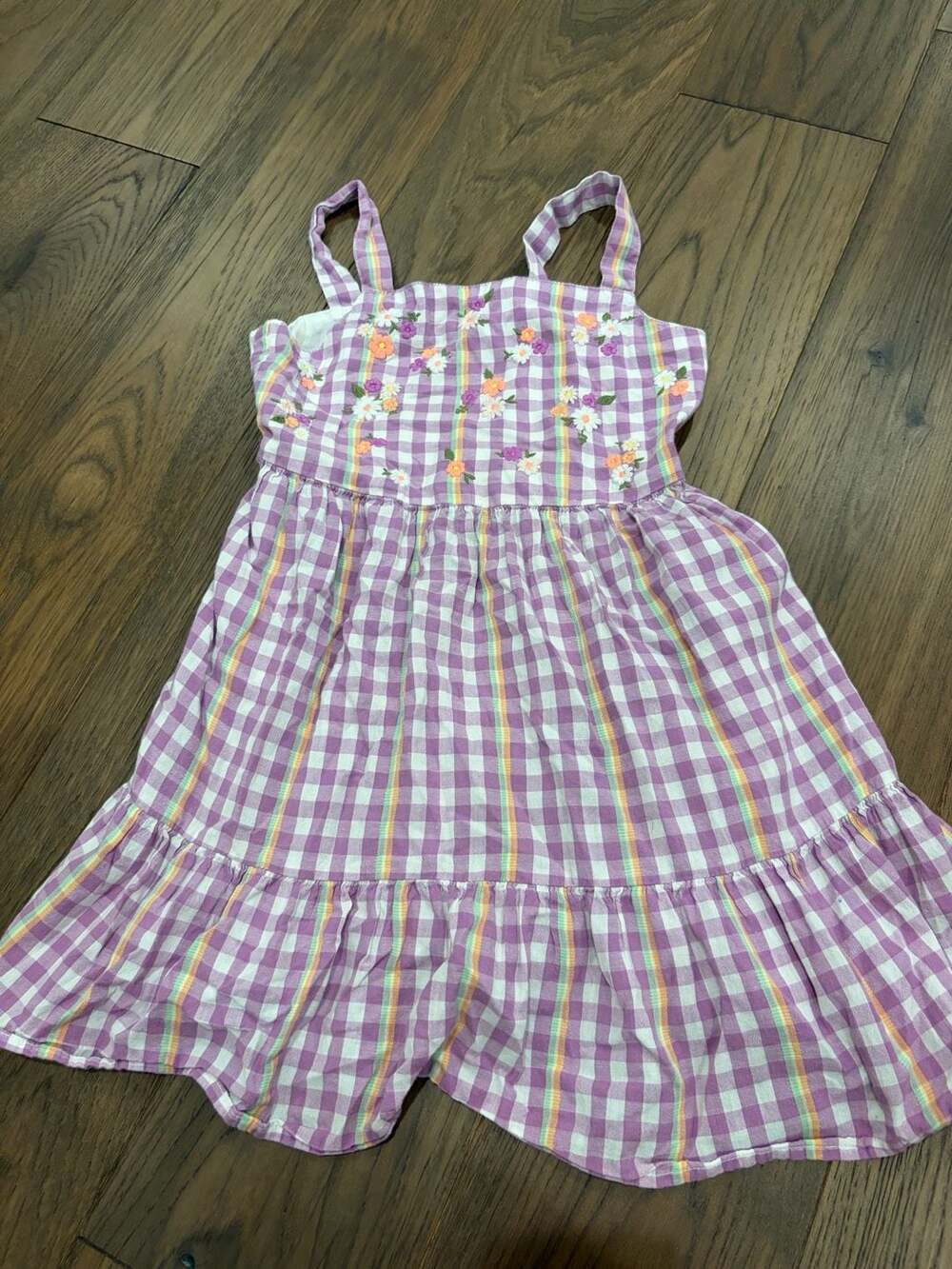 Cat & Jack Purple Gingham Floral Embroidered Tiered Dress Size S (6/7) - Picture 1 of 4